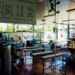 Interior de uma moderna unidade de processamento de alimentos, com máquinas industriais e uma linha de produção.